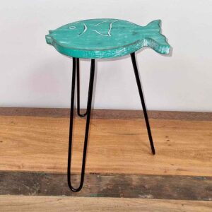 Fish Plant Stand: Discover a boho shabby chic plant stand in distressed turquoise. Handmade from Albesia wood, perfect for stylish homes in Ireland & the EU.
