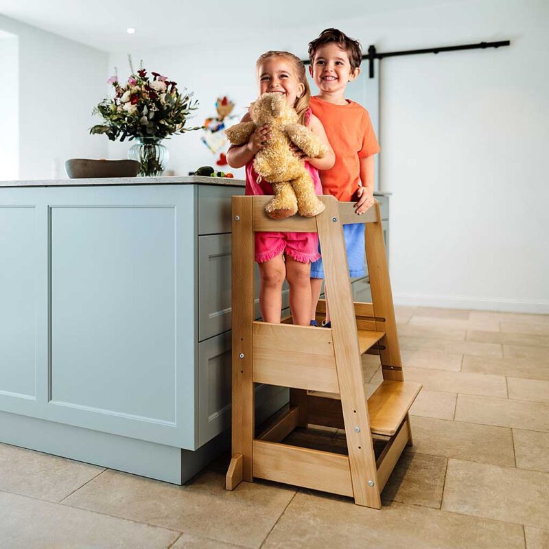 Twin & Sibling Learning Tower for Two Children – tiSsi® Adjustable Wooden Step Stool. German design, Double Learning Tower Step Stool direct to Ireland & EU