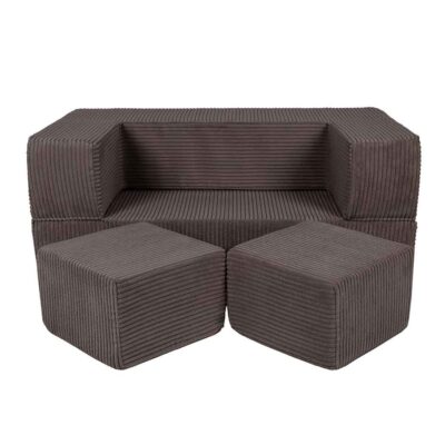 Cube Play Sofa Bed for Kids & Children Ireland. Brown Cord Soft Foam Sofa with 2 Poufs. Folds into Bed for Naps & Sleepovers. 96Lx50Dx40H cm. Delivered.