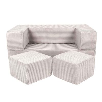 Cube Play Sofa Bed for Kids & Children Ireland. Soft Foam Ecru Cord Sofa with 2 Poufs. Folds into Bed for Naps & Sleepovers. 96Lx50Dx40H cm. Delivered Ireland