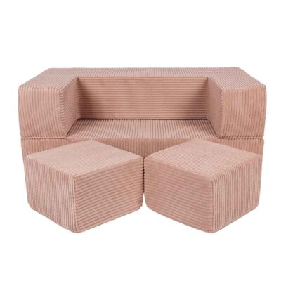 Cube Play Sofa Bed for Kids & Children Ireland. Pink Cord Soft Foam Sofa with 2 Poufs. Folds into Bed for Naps & Sleepovers. 96Lx50Dx40H cm. Delivered.