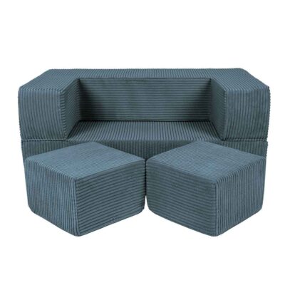 Cube Play Sofa Bed for Kids & Children Ireland. Turquoise Cord Soft Foam Sofa with 2 Poufs. Folds into Bed for Naps & Sleepovers. 96Lx50Dx40H cm. Delivered.