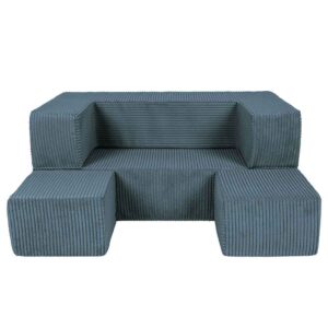 Cube Play Sofa Bed for Kids & Children Ireland. Turquoise Cord Soft Foam Sofa with 2 Poufs. Folds into Bed for Naps & Sleepovers. 96Lx50Dx40H cm. Delivered.