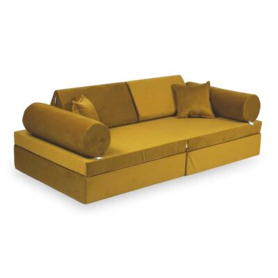 10 Part Play Sofa For Kids: Comfort Edition Gold Velvet Modular Montessori Play Sofa Bed delivered Ireland & EU. Handmade for Children & Kids Nursery, Childs Play Room
