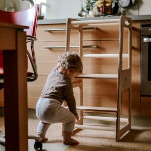 Lightweight 88cm Learning Tower for kids to safely join kitchen fun! Certified safe, EU-made, with tracked delivery to Ireland & EU. Natural Beeswax Finish.