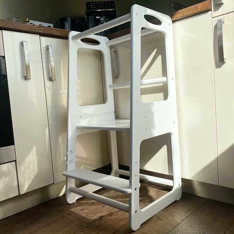 Learning Tower for kids to safely join kitchen fun! Portable, 88cm, Certified safe, EU-made, with tracked delivery to Ireland & EU. White Finish.