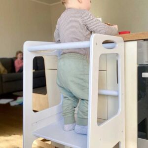 Learning Tower for kids to safely join kitchen fun! Portable, 88cm, Certified safe, EU-made, with tracked delivery to Ireland & EU. White Finish.