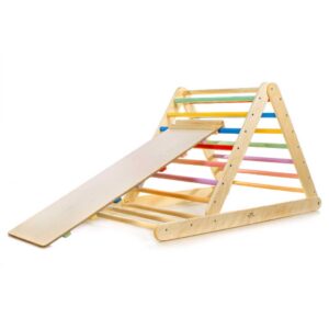 Adjustable Colourful Climbing Triangle with Climbing Ladder Ramp Slide for toddlers to boost balance & confidence. Rainbow & wood, optional slide & climbing ramp. Tracked delivery Ireland & EU