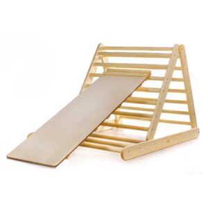 Adjustable Climbing Triangle with Slide for toddlers to boost balance & confidence. Natural wood finish with optional slide & climbing ramp. Tracked delivery Ireland & EU