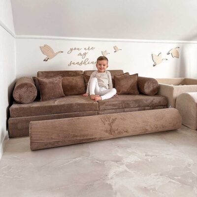 Play Sofa For Kids: 13 Part Toffee Corduroy Play Sofa Bed inc Rollers & Cushions delivered Ireland, EU & more. Handmade for Children, Nursery & Play Room.