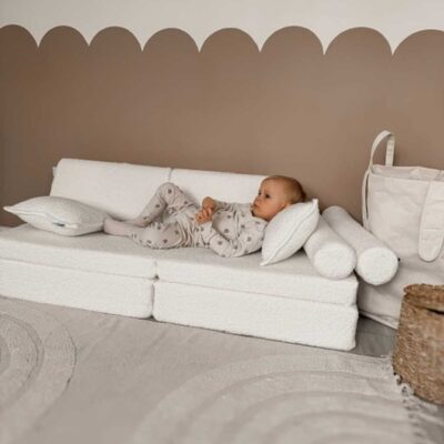 White Boucle Mini Play Sofa – 10 Part Edition. Handmade Montessori toy for kids, perfect for nurseries & playrooms. Shop now for Ireland & EU delivery!