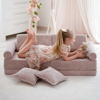 Light Pink Corduroy Mini Play Sofa – 10 Part Edition. Handmade Montessori toy for kids, perfect for nurseries & playrooms. Shop now for Ireland & EU delivery!