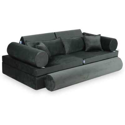 Graphite Velvet Modular 13 Part Play Sofa for kids – for playrooms, nurseries & Montessori spaces. Handmade & delivered across Ireland & EU. Order now!