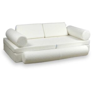 White Boucle Modular 13 Piece Play Sofa for children – for playrooms, nurseries & Montessori spaces. Handmade & delivered across Ireland & EU. Order now!