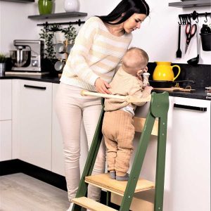 Folding Kitchen Helper Tower for Kids, handmade in Khaki & Natural wood. Space-saving, foldable learning tower step stool for children. Delivery Ireland, EU & more!