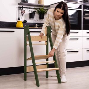 Folding Kitchen Helper Tower for Kids, handmade in Khaki & Natural wood. Space-saving, foldable learning tower step stool for children. Delivery Ireland, EU & more!