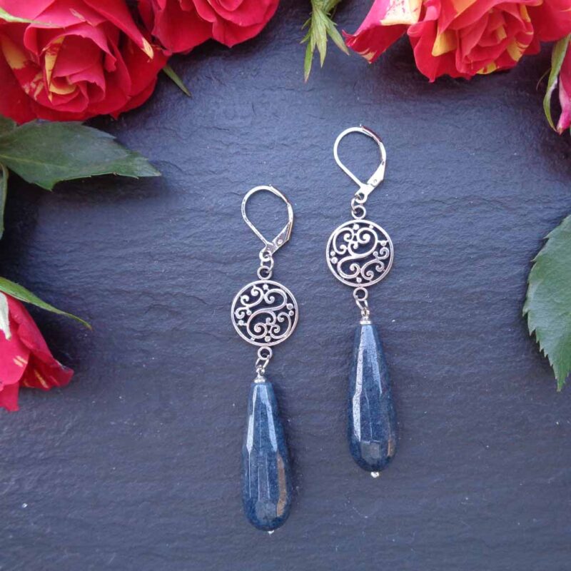 Handmade grey jasper teardrop earrings with carved silver bezel, made in Ireland Caption: Discover handcrafted gemstone jewellery from Ireland – elegant grey jasper earrings in silver teardrop design