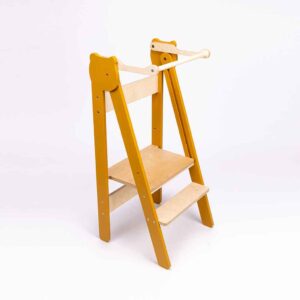 Fold-Up Learning Tower & Kitchen Step in Safari Yellow & Natural. Handmade kitchen & bathroom step stool learning tower for Kids. Ireland, EU & more!