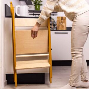 Fold-Up Learning Tower & Kitchen Step in Safari Yellow & Natural. Handmade kitchen & bathroom step stool learning tower for Kids. Ireland, EU & more!