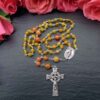 Handmade carnelian & agate rosary with Celtic cross & Virgin Mary medal. A durable, elegant Catholic prayer bead set and meaningful spiritual gift.