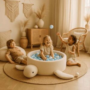 Soft white boucle turtle ball pit with 200 pastel BPA-free balls – a stylish sensory play pool for toddlers and young children. Features a removable washable cover, eco-friendly recycled fabric and safe foam walls. Ideal for motor development and modern nursery decor. Handmade in the EU and available online in Ireland & EU at ShopStreet.ie.