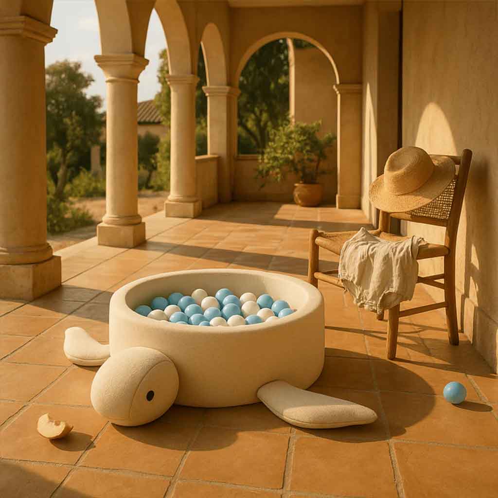 Soft white boucle turtle ball pit with 200 pastel BPA-free balls – a stylish sensory play pool for toddlers and young children. Features a removable washable cover, eco-friendly recycled fabric and safe foam walls. Ideal for motor development and modern nursery decor. Handmade in the EU and available online in Ireland & EU at ShopStreet.ie.