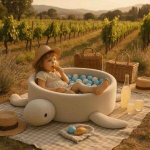 Soft white boucle turtle ball pit with 200 pastel BPA-free balls – a stylish sensory play pool for toddlers and young children. Features a removable washable cover, eco-friendly recycled fabric and safe foam walls. Ideal for motor development and modern nursery decor. Handmade in the EU and available online in Ireland & EU at ShopStreet.ie.