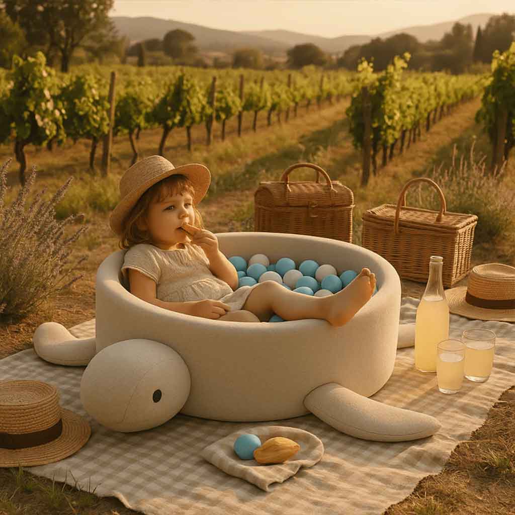 Soft white boucle turtle ball pit with 200 pastel BPA-free balls – a stylish sensory play pool for toddlers and young children. Features a removable washable cover, eco-friendly recycled fabric and safe foam walls. Ideal for motor development and modern nursery decor. Handmade in the EU and available online in Ireland & EU at ShopStreet.ie.