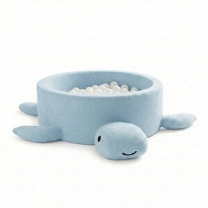 Blue turtle ball pit with 200 balls – a stylish sensory play pool for toddlers and young children. Features a removable washable cover, eco-friendly recycled fabric and safe foam walls. Ideal for motor development and modern nursery decor. Handmade in the EU and available online in Ireland & EU at ShopStreet.ie.