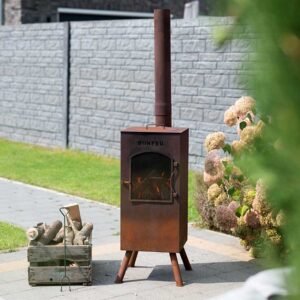 Square corten steel garden fireplace with tall flue – rustic rust finish, 153cm outdoor firepit with grill, ideal for modern patios and gardens in Ireland