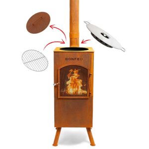 Square corten steel garden fireplace with tall flue & optional Plancha Ø40 – rustic rust finish, 153cm outdoor firepit with grill, ideal for modern patios and gardens in Ireland & EU