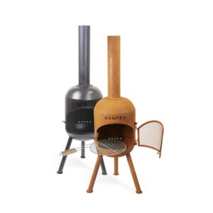 This compact 126cm round black steel or rustic rust finish garden fireplace features a tall chimney and integrated BBQ grill – perfect for smaller patios and outdoor heating. Ships next day with tracked delivery in Ireland and across the EU.