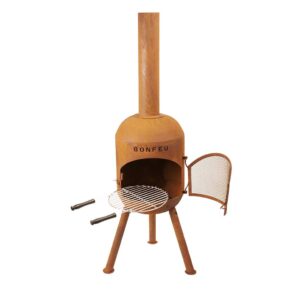 Rustic round patio heater fireplace with chimney & rotating BBQ grill in Corten Steel Rust for patios & lawns. Wood burning stove. Tracked delivery Ireland & EU