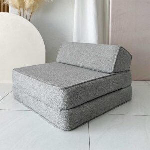 A cosy 3-in-1 foam armchair, lounger & play spot for children. Made with soft Grey bouclé. Machine-washable & eco-friendly. Ireland & EU ShopStreet.ie