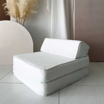 3-in-1 kids’ foam armchair, lounger and play seat in soft white bouclé – eco-friendly and machine-washable – available from ShopStreet.ie