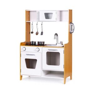 Wooden play kitchen with light-up boiling sound burner, sink, oven, phone & 5 accessories. Fun & safe for age 3+. Fast tracked Ireland & EU delivery.