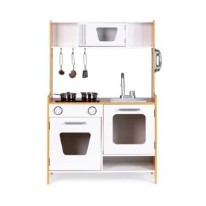 Wooden play kitchen with light-up boiling sound burner, sink, oven, phone & 5 accessories. Fun & safe for age 3+. Fast tracked Ireland & EU delivery.