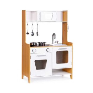Wooden play kitchen with light-up boiling sound burner, sink, oven, phone & 5 accessories. Fun & safe for age 3+. Fast tracked Ireland & EU delivery.