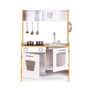 Wooden play kitchen with light-up boiling sound burner, sink, oven, phone & 5 accessories. Fun & safe for age 3+. Fast tracked Ireland & EU delivery.