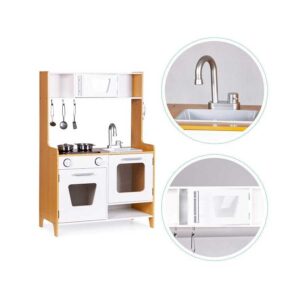 Wooden play kitchen with light-up boiling sound burner, sink, oven, phone & 5 accessories. Fun & safe for age 3+. Fast tracked Ireland & EU delivery.