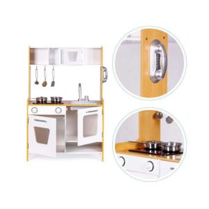 Wooden play kitchen with light-up boiling sound burner, sink, oven, phone & 5 accessories. Fun & safe for age 3+. Fast tracked Ireland & EU delivery.