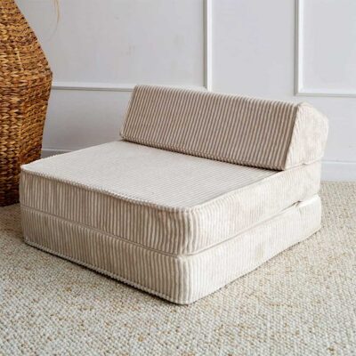 3-in-1 fold-out kids’ armchair, daybed & play lounger in soft cream corduroy. Stylish, washable & comfy. Tracked delivery across Ireland & EU.