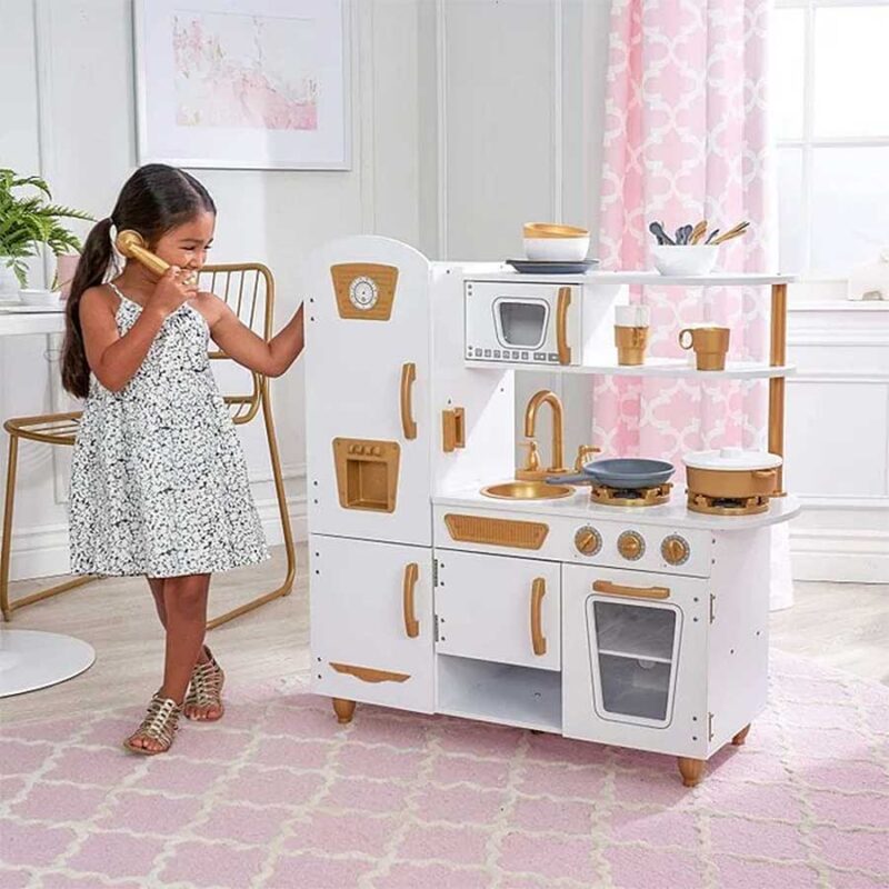 Elegant white & gold wooden kitchen for kids with sink, oven, knobs, phone & more. Durable & safe. Ideal gift for age 3+. Fast Ireland & EU shipping.