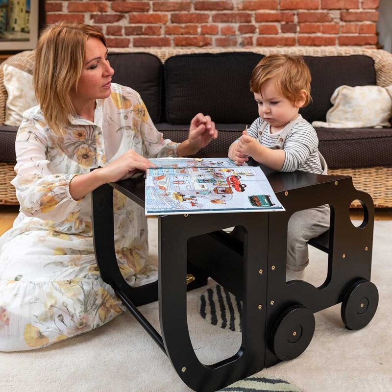 Explore our Black 3-in-1 Car Kitchen Helper Learning Tower – a convertible toddler step stool in a fun car shape. Featuring a two step platform and transforming into a table and chair, it’s the perfect blend of safety, function and playful design for young children. Ideal for kitchens, playrooms and more. Personalised with Childs Name & Exclusive to ShopStreet.ie in Ireland. Tracked Delivery.