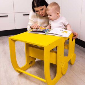 Explore our Bumblebee Yellow 3-in-1 Car Kitchen Helper Learning Tower – a convertible toddler step stool in a fun car shape. Featuring a two step platform and transforming into a table and chair, it’s the perfect blend of safety, function and playful design for young children. Ideal for kitchens, playrooms and more. Personalised with Childs Name & Exclusive to ShopStreet.ie in Ireland. Tracked Delivery.