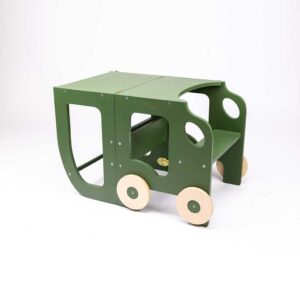 Khaki car kitchen helper turns into a kids table & chair. Montessori-inspired, space-saving, for play, learning & helping. Handmade, tracked delivery & engraved name