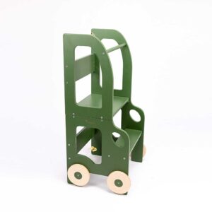 Khaki car kitchen helper turns into a kids table & chair. Montessori-inspired, space-saving, for play, learning & helping. Handmade, tracked delivery & engraved name