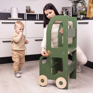 Khaki car kitchen helper turns into a kids table & chair. Montessori-inspired, space-saving, for play, learning & helping. Handmade, tracked delivery & engraved name