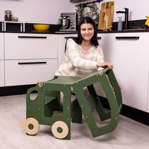 Khaki car kitchen helper turns into a kids table & chair. Montessori-inspired, space-saving, for play, learning & helping. Handmade, tracked delivery & engraved name
