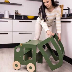 Khaki car kitchen helper turns into a kids table & chair. Montessori-inspired, space-saving, for play, learning & helping. Handmade, tracked delivery & engraved name